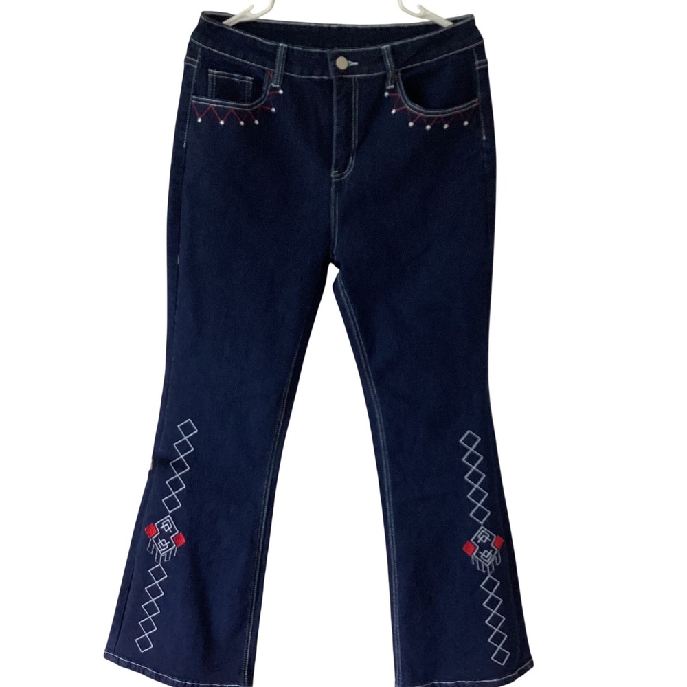 Women's Embroidered‎ Dark Wash Jeans Size 0XL Flare Western Boho Denim Pants